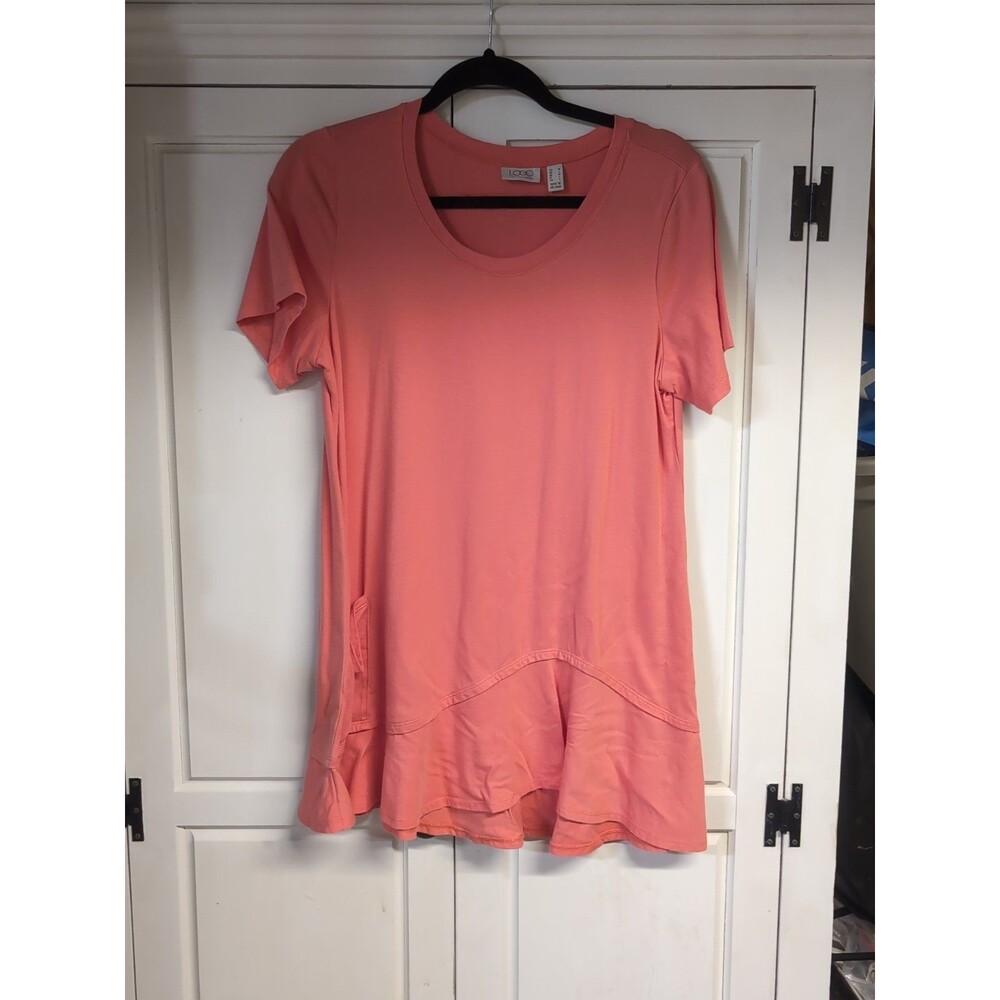 LOGO Lori Goldstein QVC Coral Pink Ruffle Hem Short Sleeve Tunic Top Sz Medium
